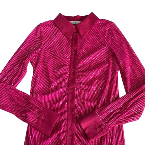 In The Mood For Love Lina Hot Pink Barbie Sequin Ruched Button Up Mini Dress M - Picture 6 of 16